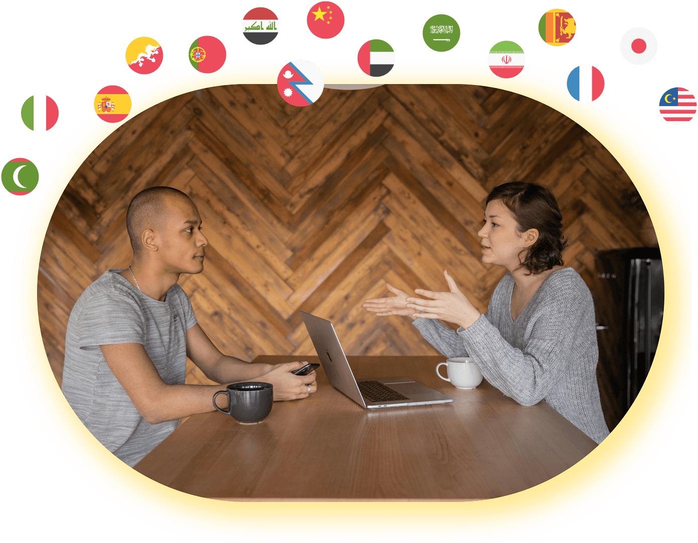 Two people having a discussion with text highlighting transcription services, Nepali translation services, and notarized translation — representing professional language and document translation solutions.